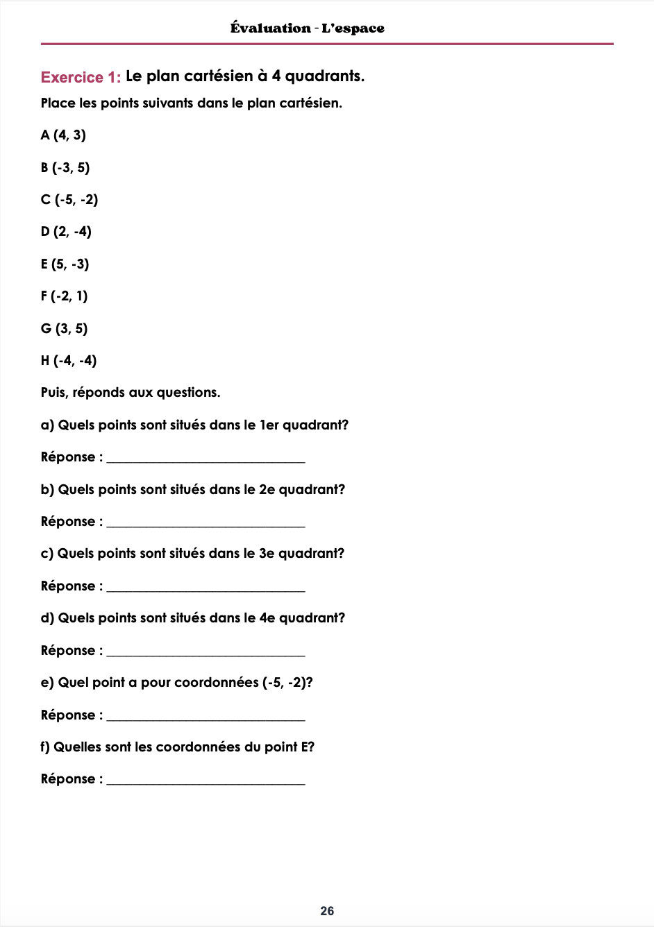 Évaluations en mathématiques – 5e année du primaire