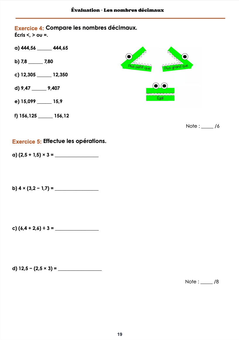 Évaluations en mathématiques – 5e année du primaire
